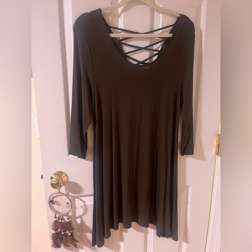 Zenana Outfitters Olive Green Long Sleeve Swing Dress – Lace-Up Back, Size L